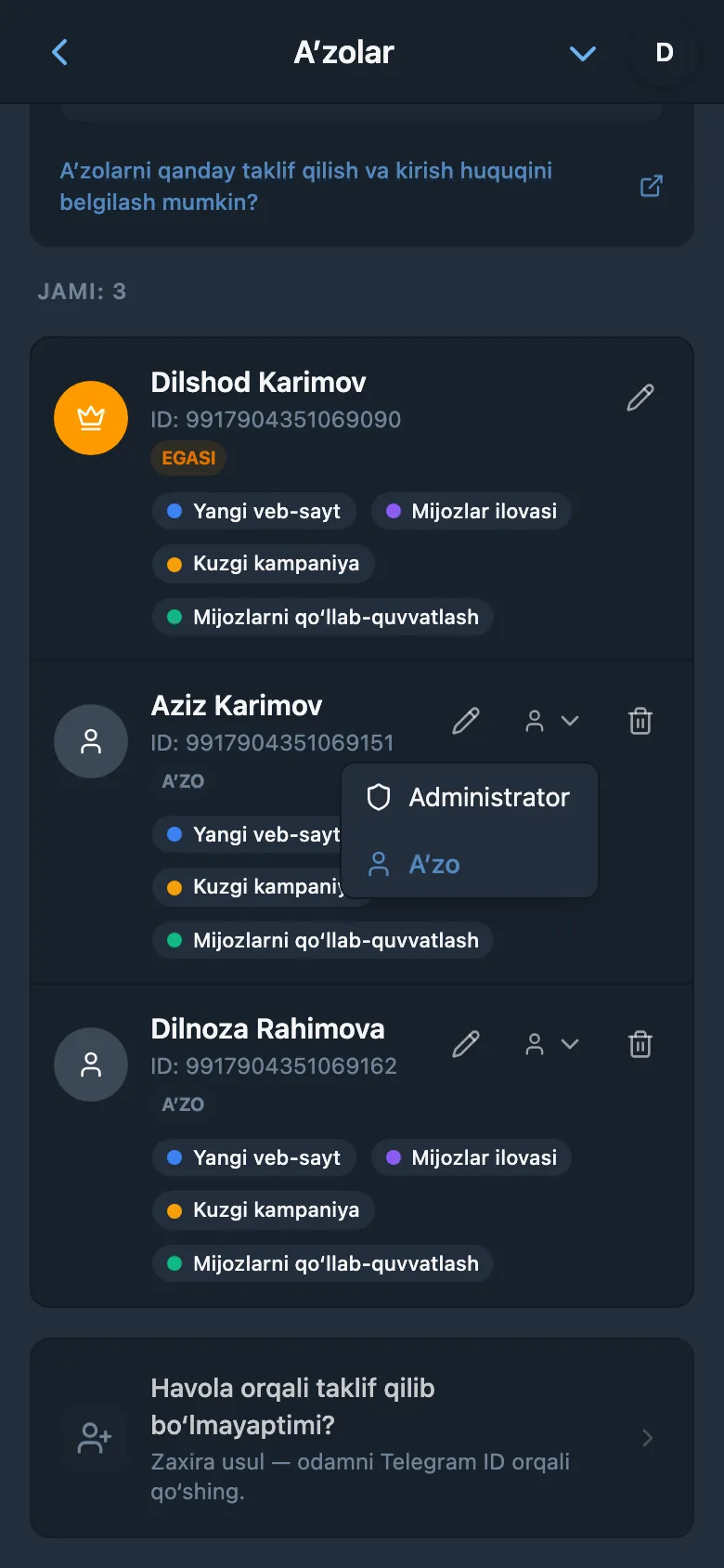Ish maydoni a’zosining rolini tanlash
