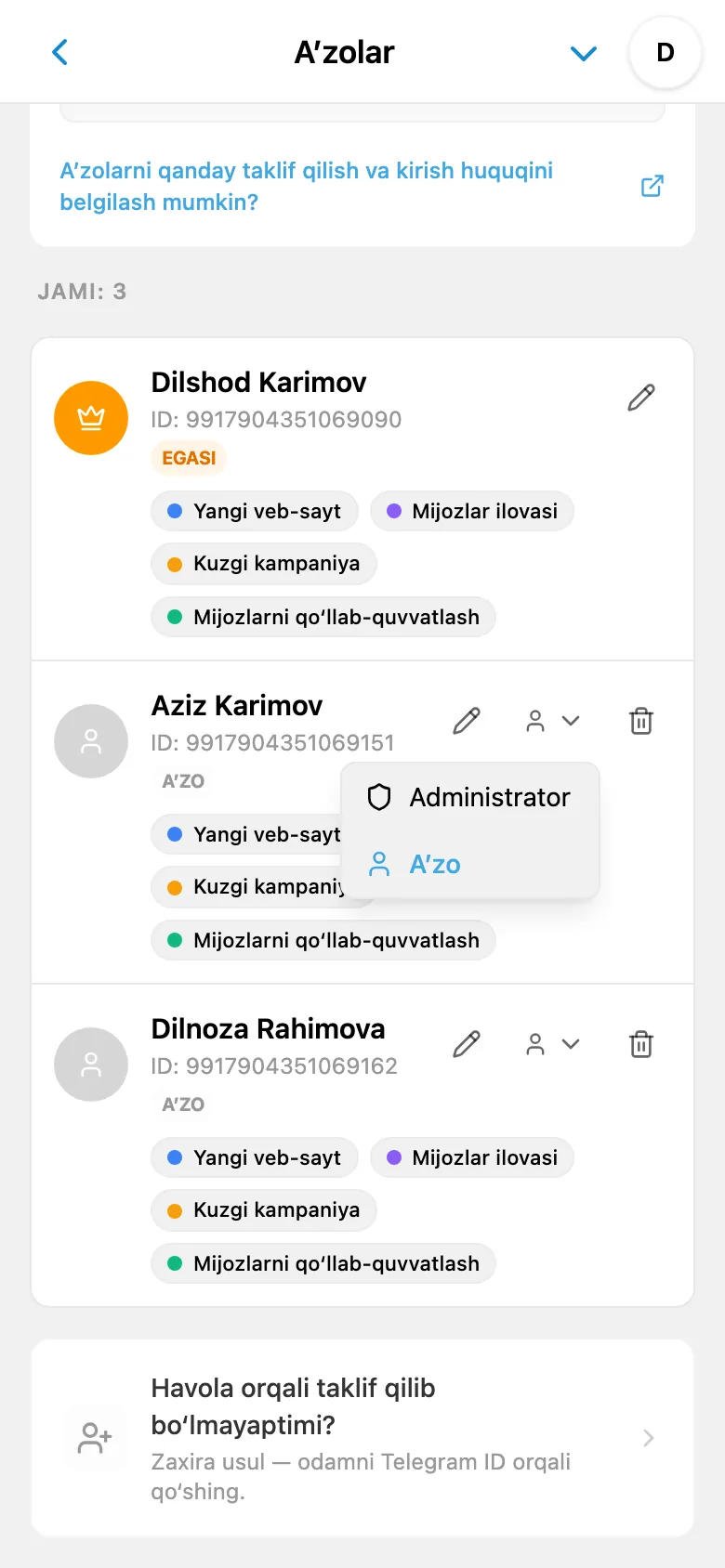 Ish maydoni a’zosining rolini tanlash