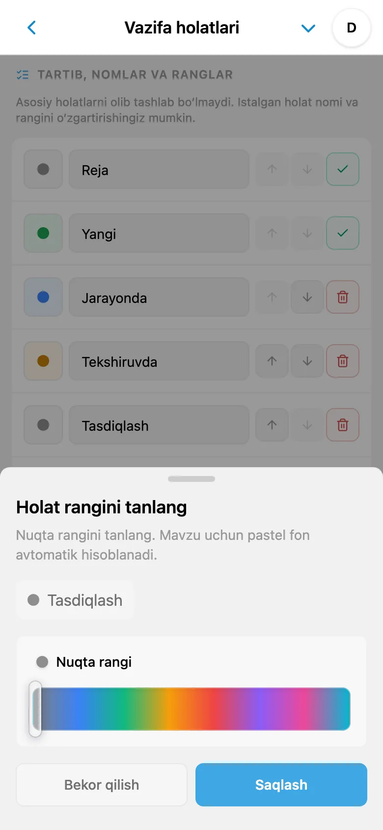 Vazifa holati nomini tahrirlash va rangini tanlash