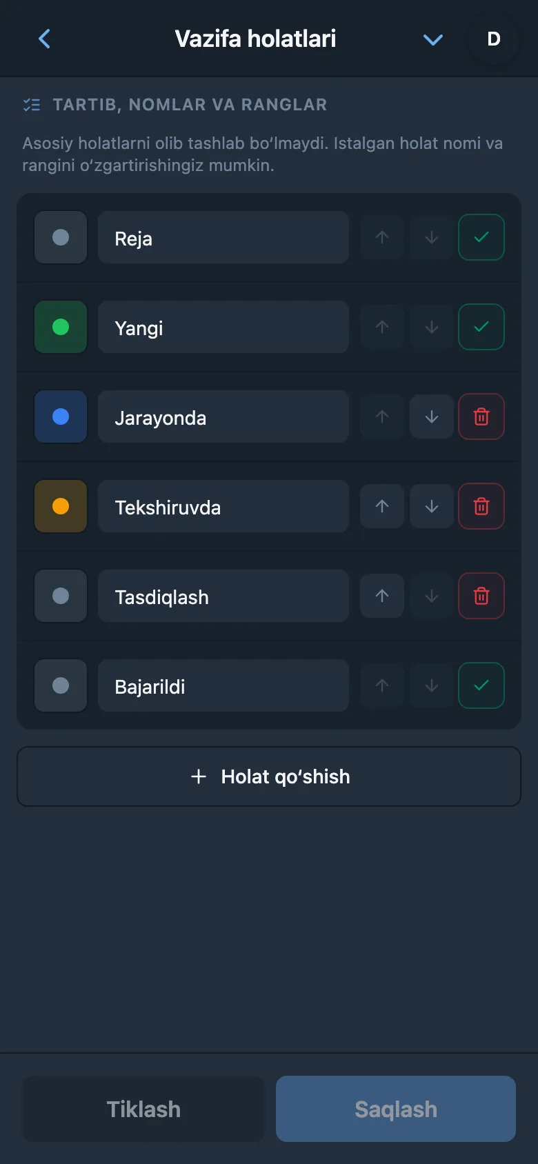 Nom va ranglari ko‘rsatilgan vazifa holatlari sozlamalari