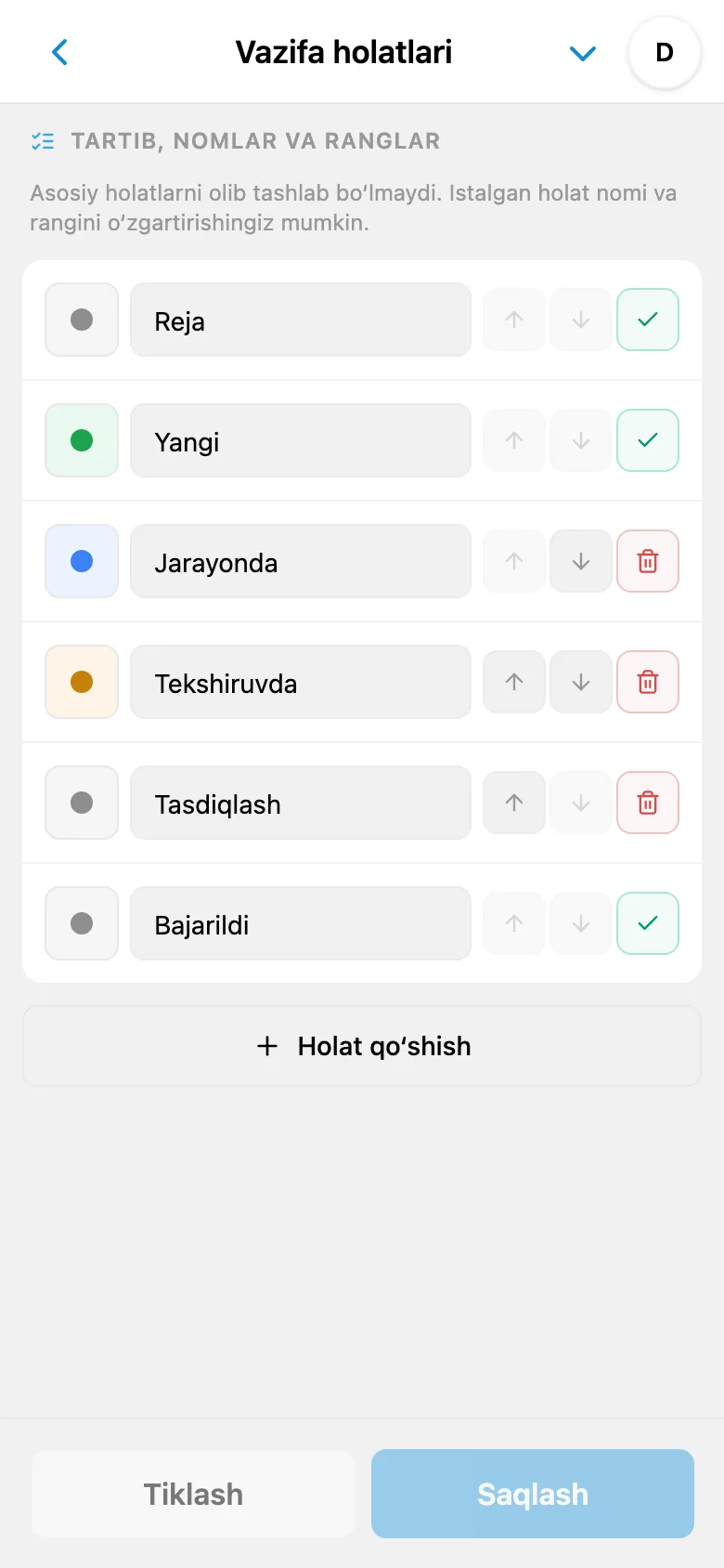 Nom va ranglari ko‘rsatilgan vazifa holatlari sozlamalari
