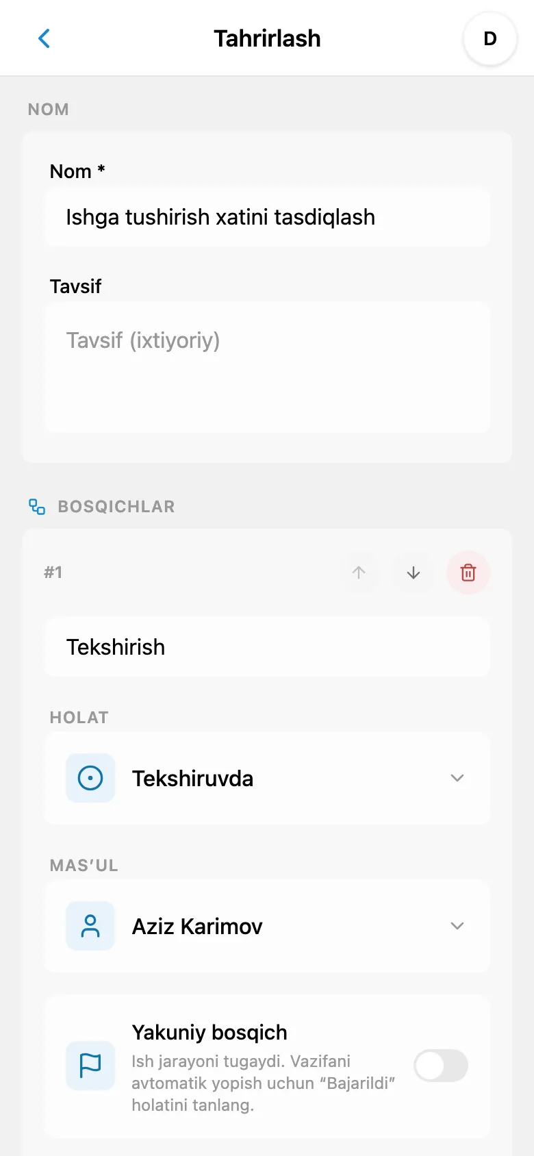 Holati va mas’uli ko‘rsatilgan ish jarayoni bosqichi muharriri