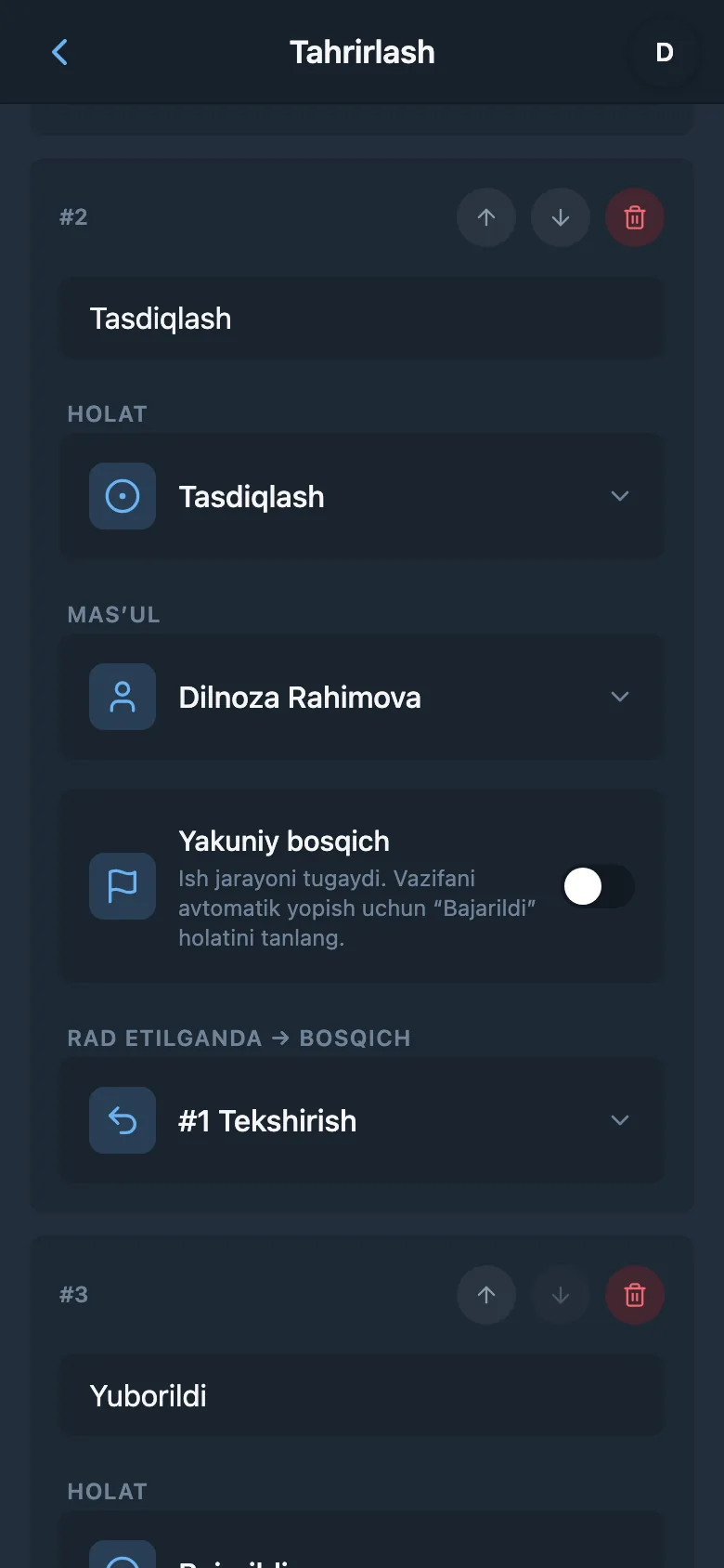 Tayinlangan jamoa a’zosi ko‘rsatilgan bosqich sozlamalari