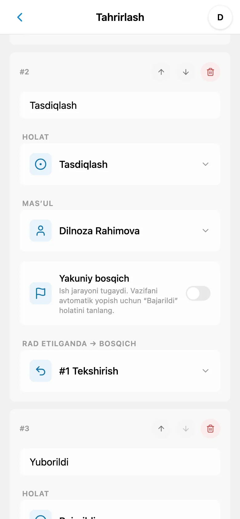 Tayinlangan jamoa a’zosi ko‘rsatilgan bosqich sozlamalari