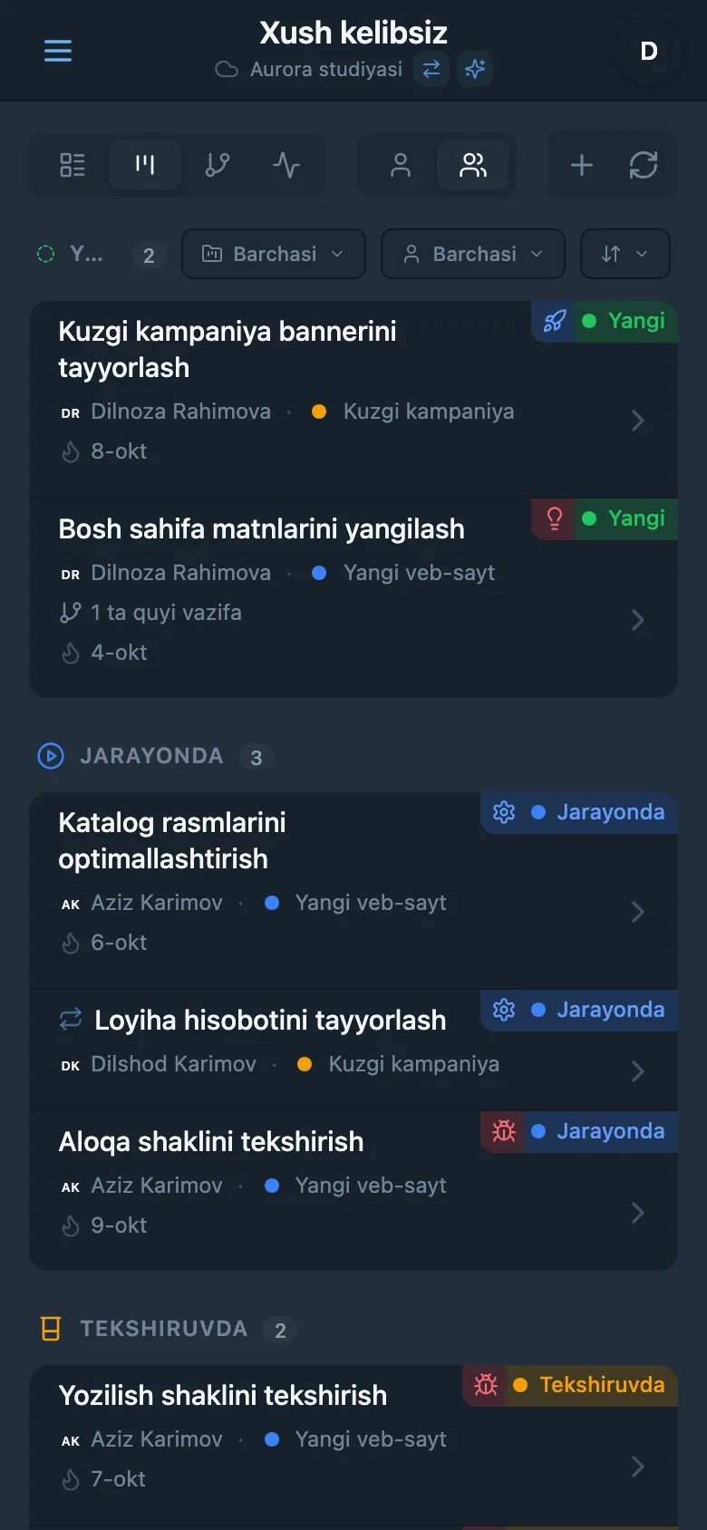Holatlar bo‘yicha guruhlangan vazifalar bilan Kanban taxtasi