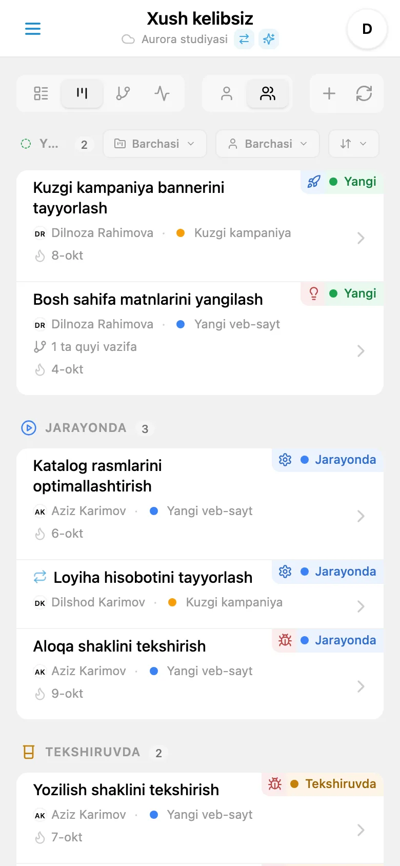 Holatlar bo‘yicha guruhlangan vazifalar bilan Kanban taxtasi