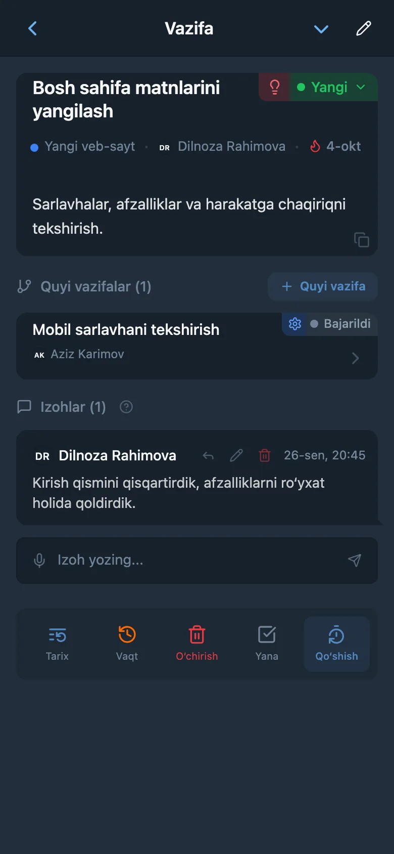 Loyiha Kanban taxtasidan ochilgan vazifa kartasi