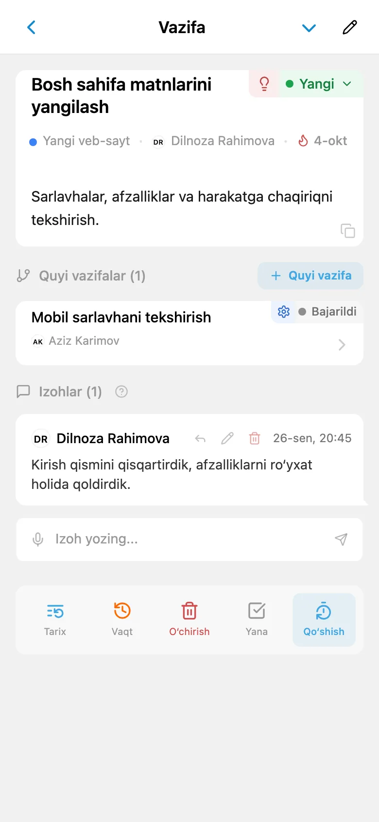 Loyiha Kanban taxtasidan ochilgan vazifa kartasi