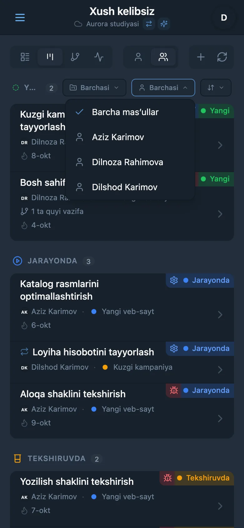 Mas’ul bo‘yicha vazifalar filtri