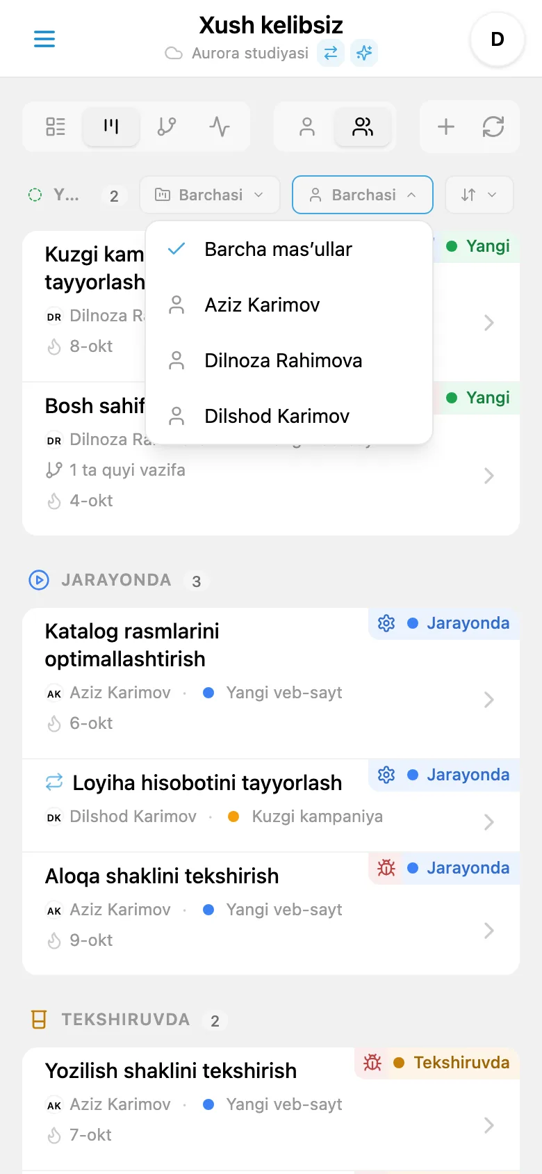Mas’ul bo‘yicha vazifalar filtri