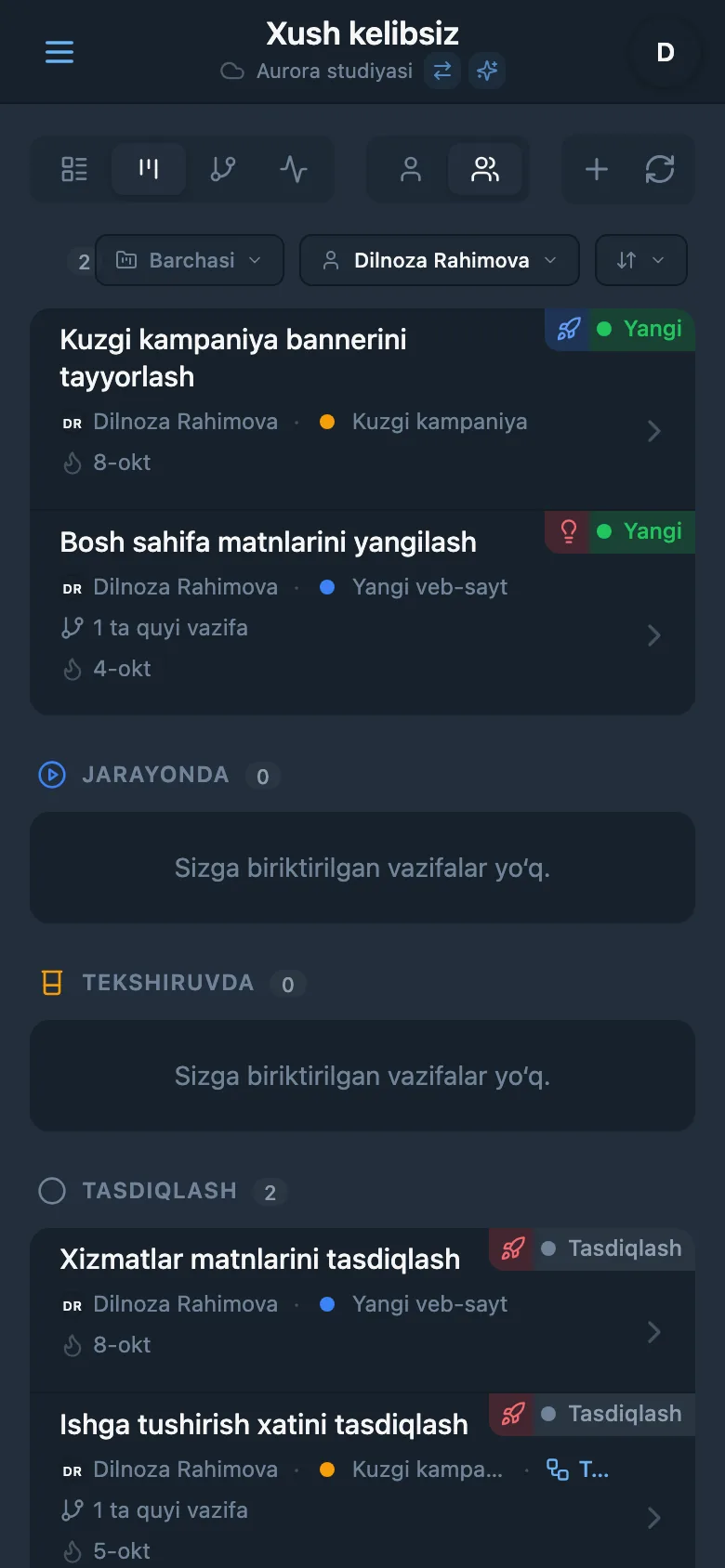 Mas’ul bo‘yicha filtrlangan Kanban taxtasi