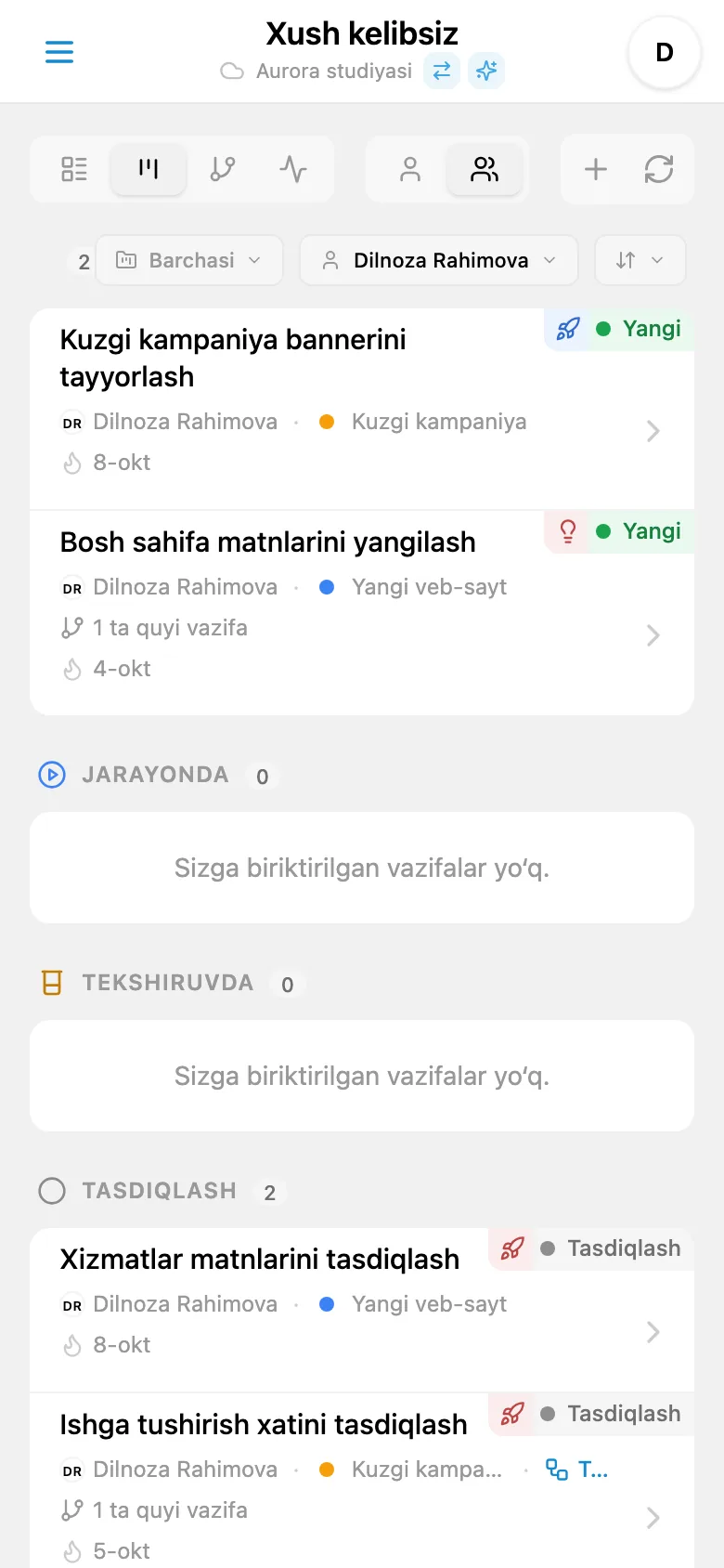 Mas’ul bo‘yicha filtrlangan Kanban taxtasi