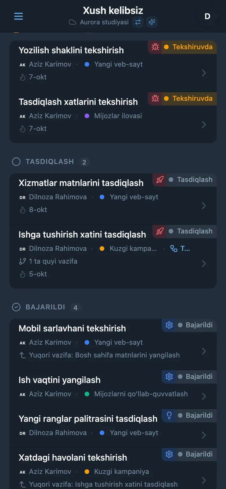 Kanban taxtasidagi bajarilgan vazifalar ustuni