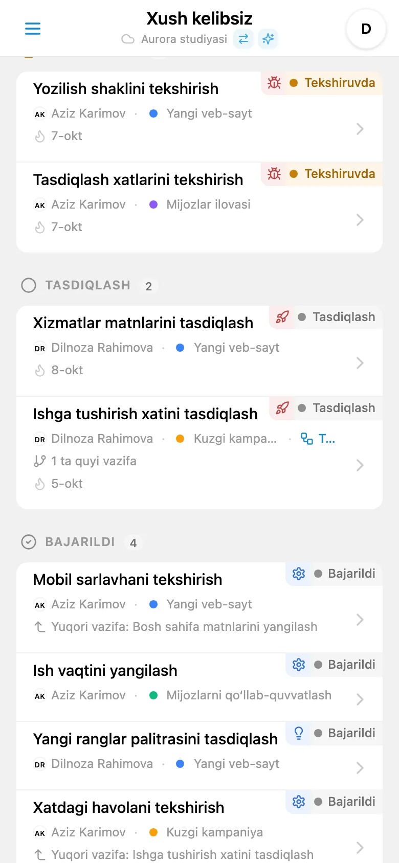 Kanban taxtasidagi bajarilgan vazifalar ustuni