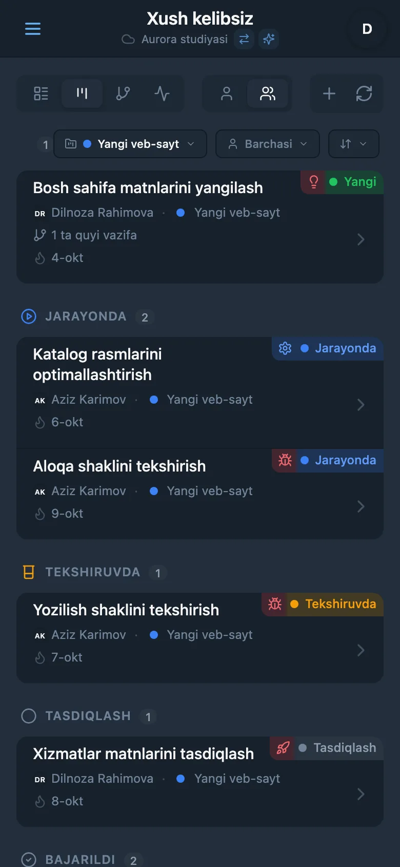 Loyiha bo‘yicha filtrlangan Kanban taxtasi