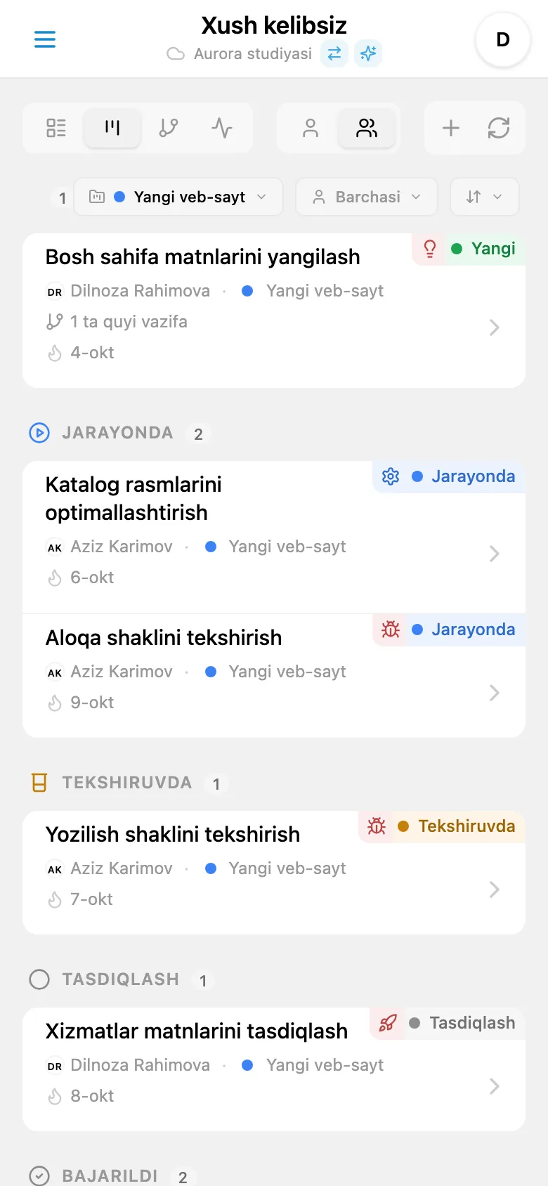 Loyiha bo‘yicha filtrlangan Kanban taxtasi