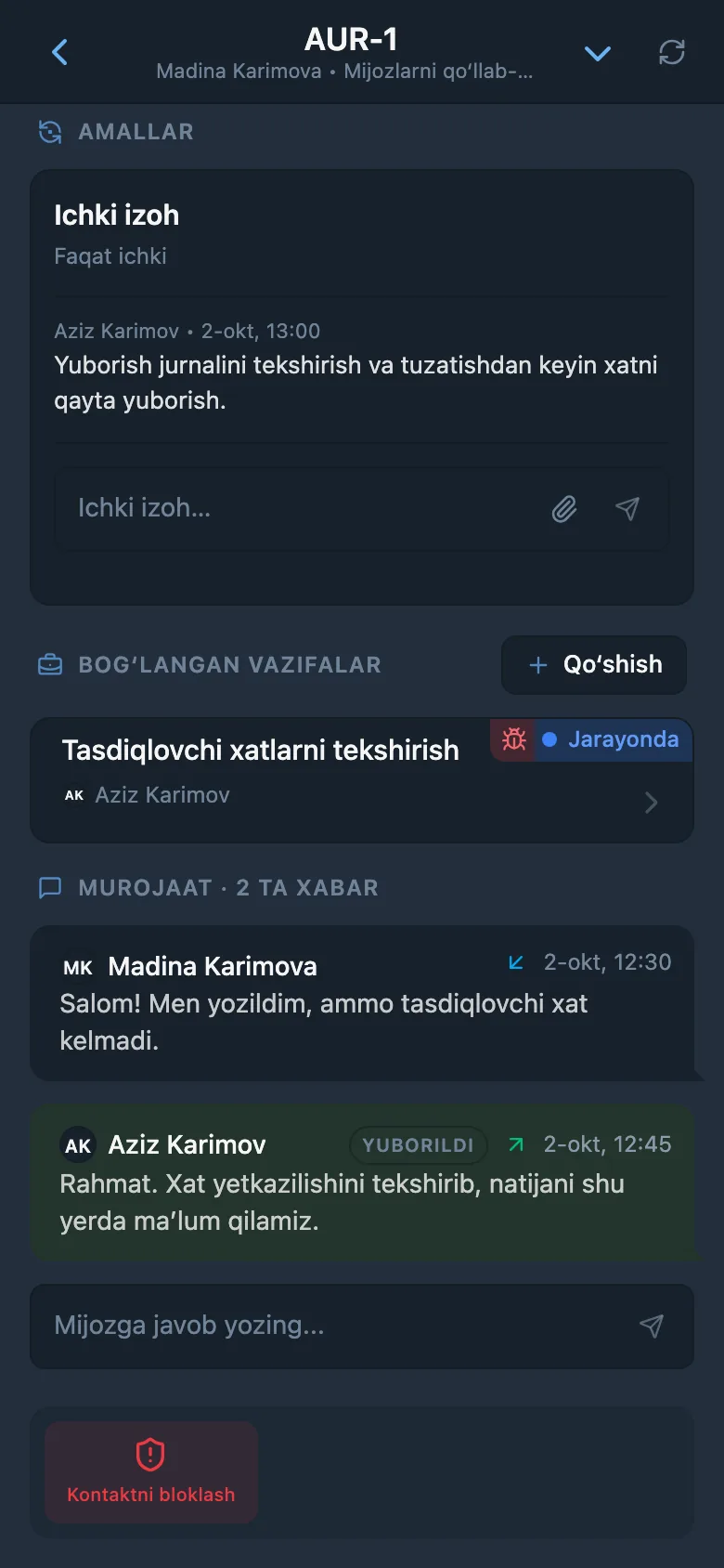 Holati va mas’uli ko‘rsatilgan ochiq mijoz murojaati