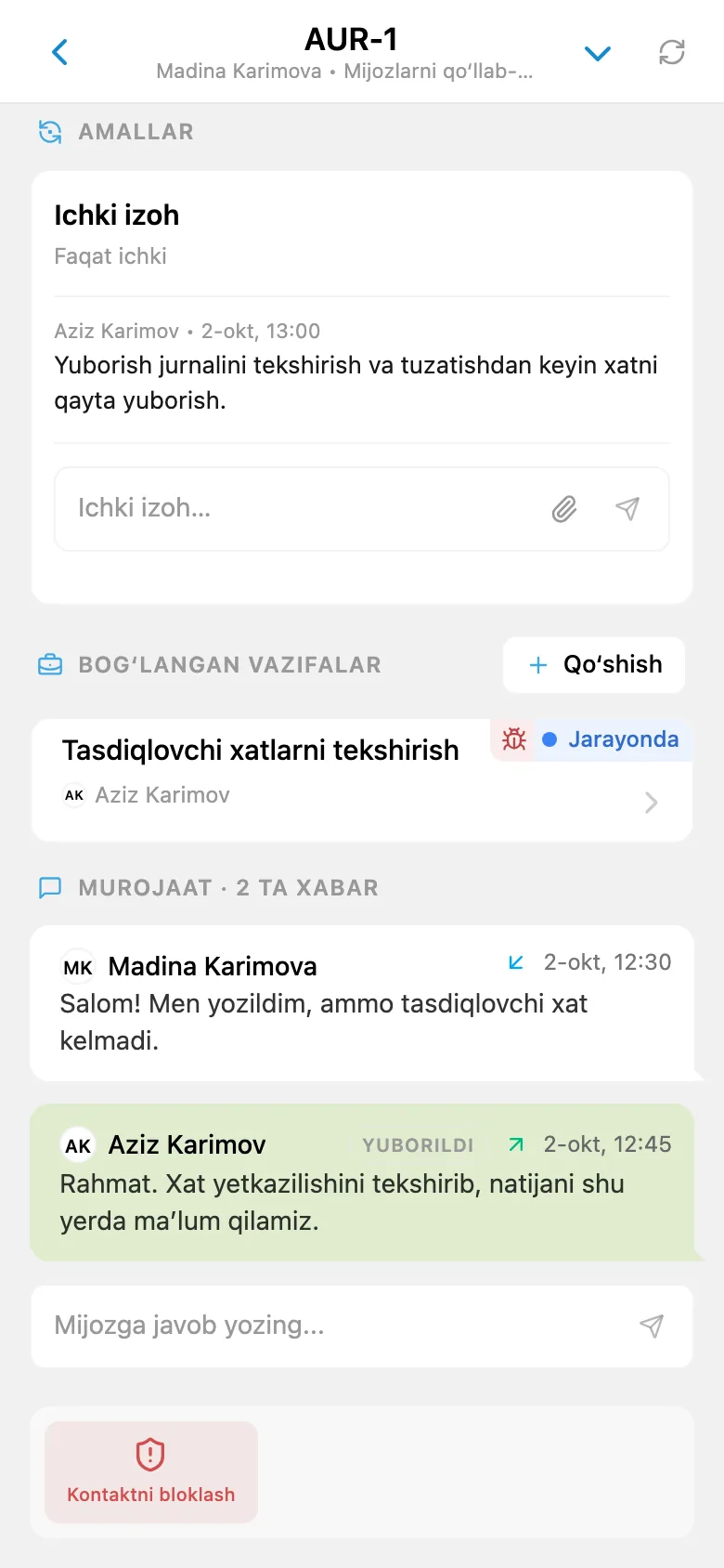 Holati va mas’uli ko‘rsatilgan ochiq mijoz murojaati