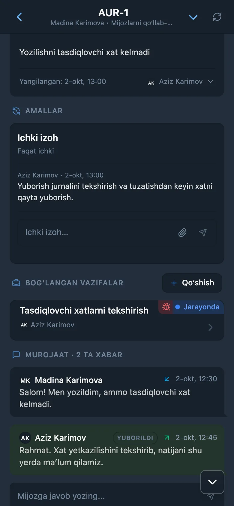 HelpDesk murojaatidagi ichki izoh