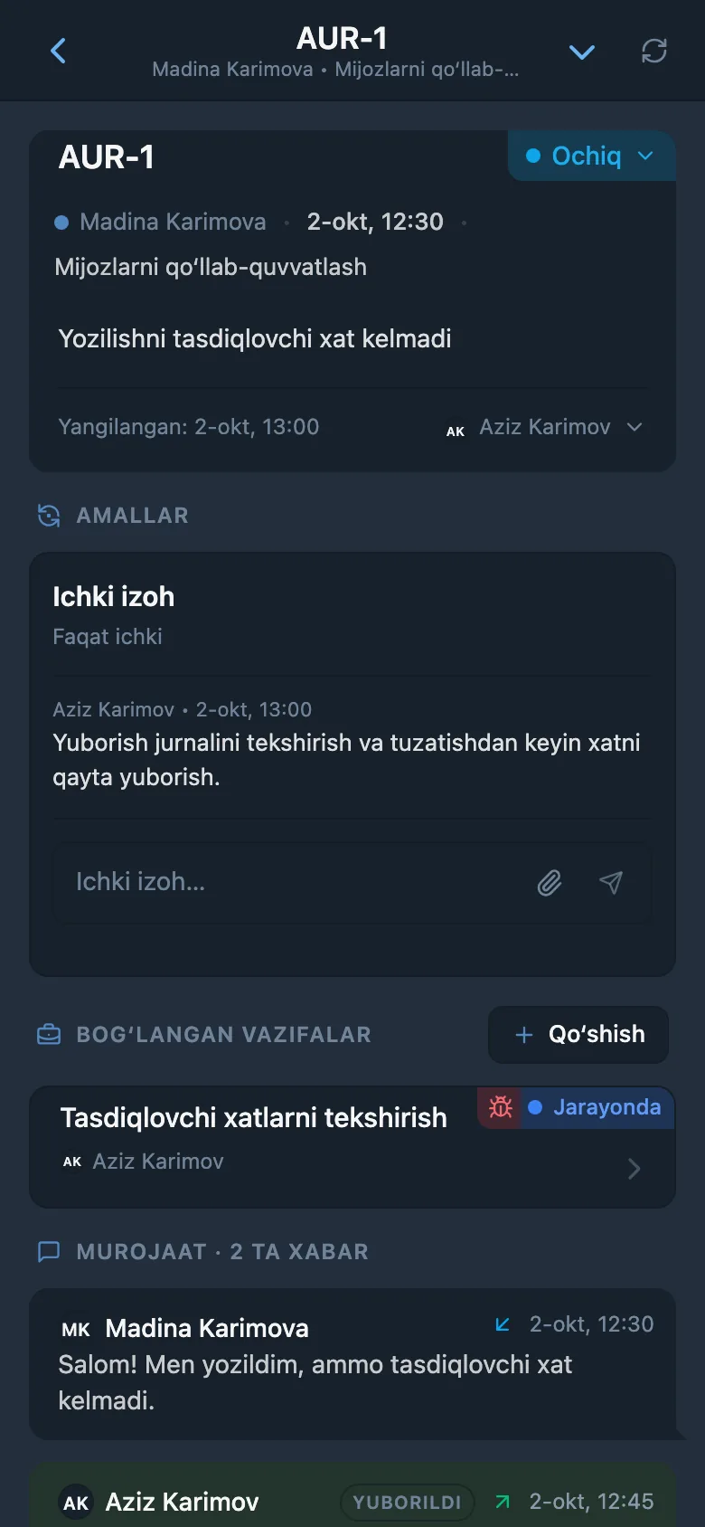 Bog‘liq vazifaga havolasi bor mijoz murojaati