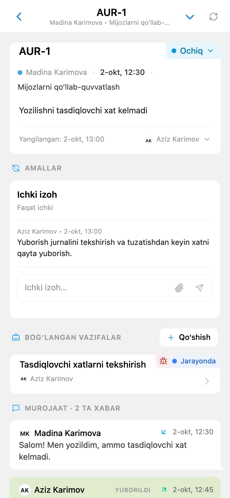 Bog‘liq vazifaga havolasi bor mijoz murojaati