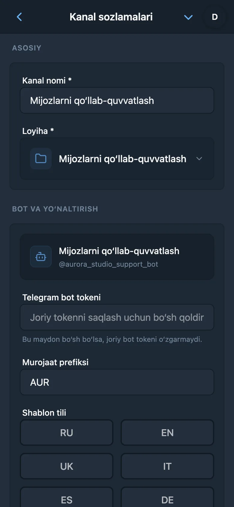 HelpDesk kanalining umumiy sozlamalari