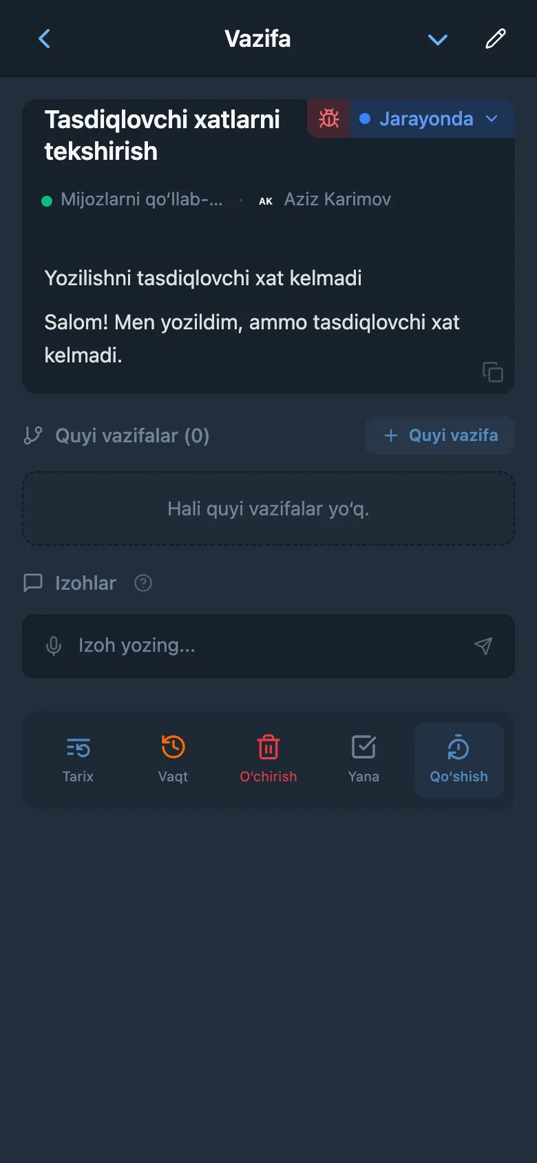 Mijoz murojaatiga bog‘langan vazifa kartasi