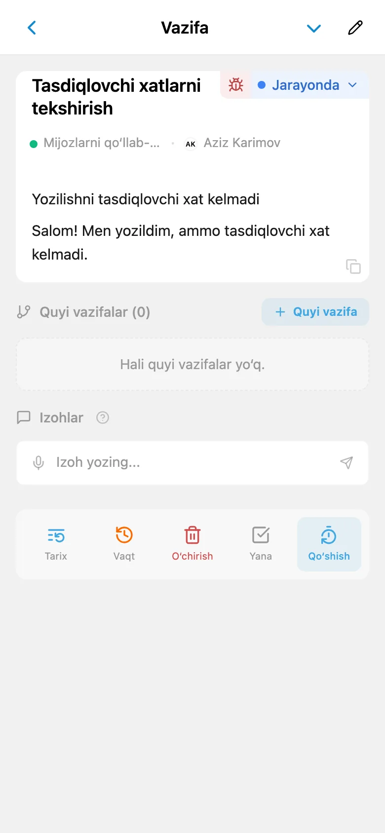 Mijoz murojaatiga bog‘langan vazifa kartasi