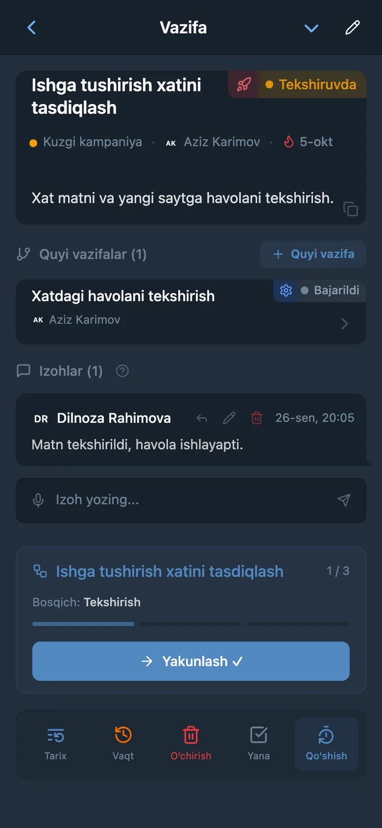 Xatni tekshirish vazifasi: jarayonning joriy bosqichi va uni yakunlash tugmasi