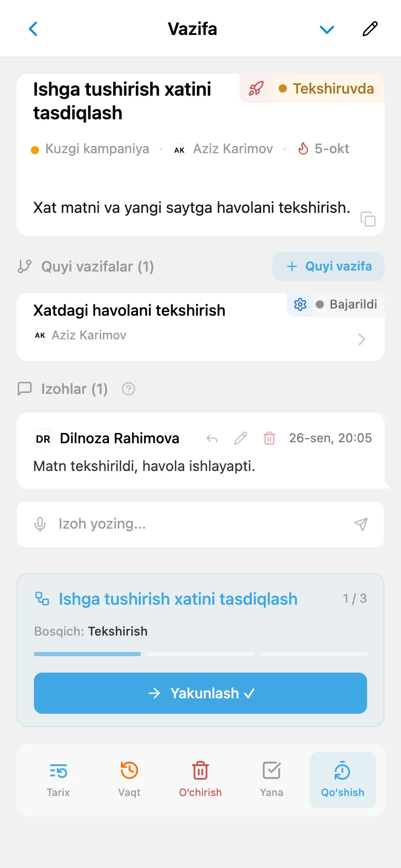 Xatni tekshirish vazifasi: jarayonning joriy bosqichi va uni yakunlash tugmasi