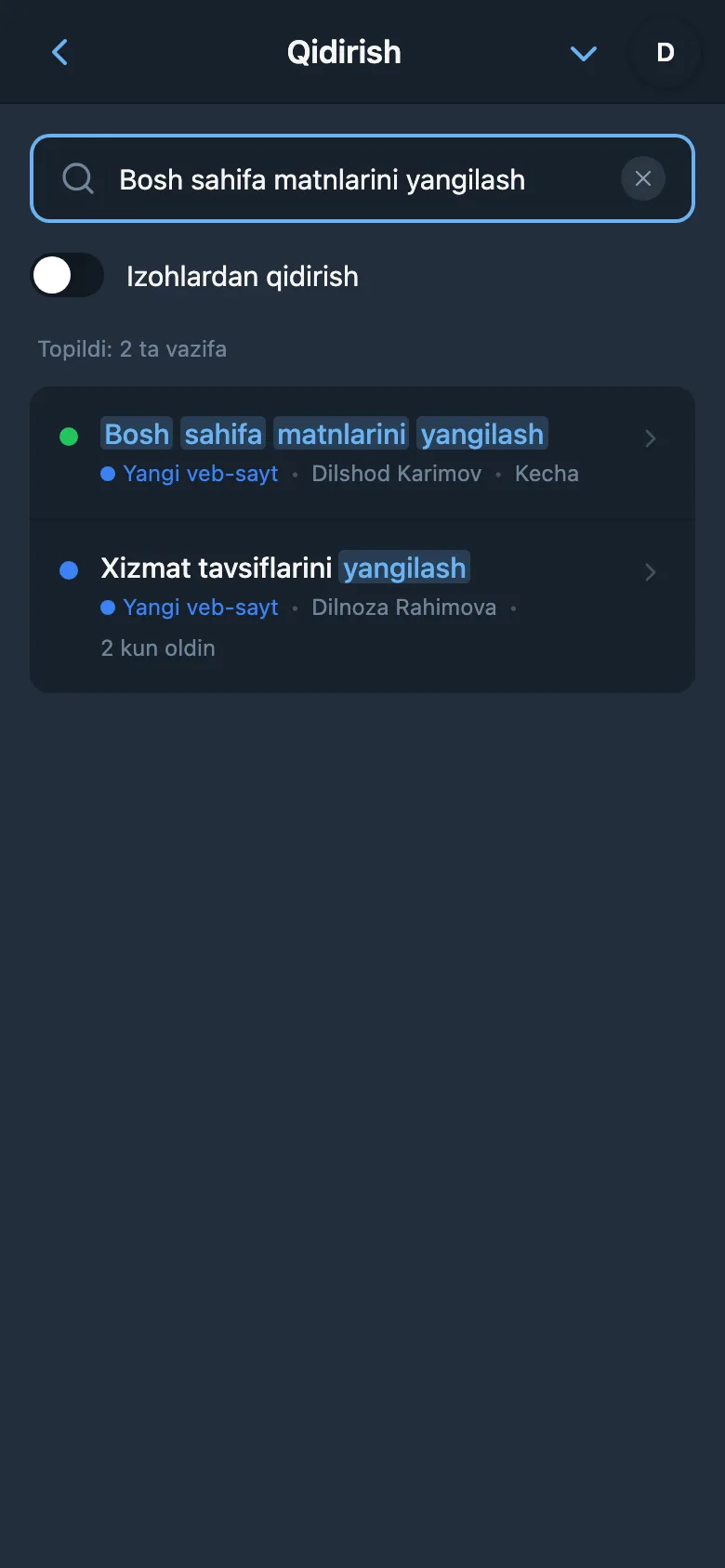 So‘rov kiritilgan va natijalari ko‘rsatilgan vazifalar qidiruvi