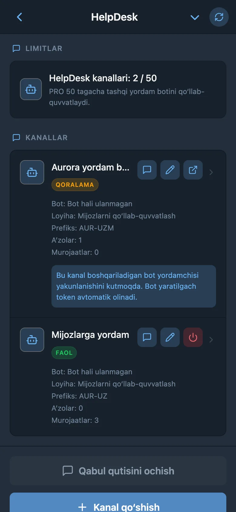 HelpDesk kanallari ro‘yxati