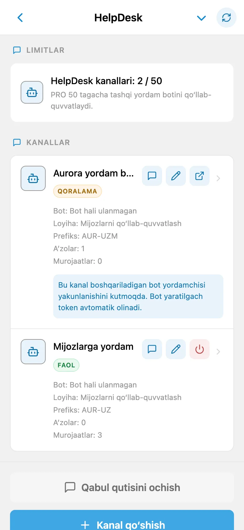 HelpDesk kanallari ro‘yxati
