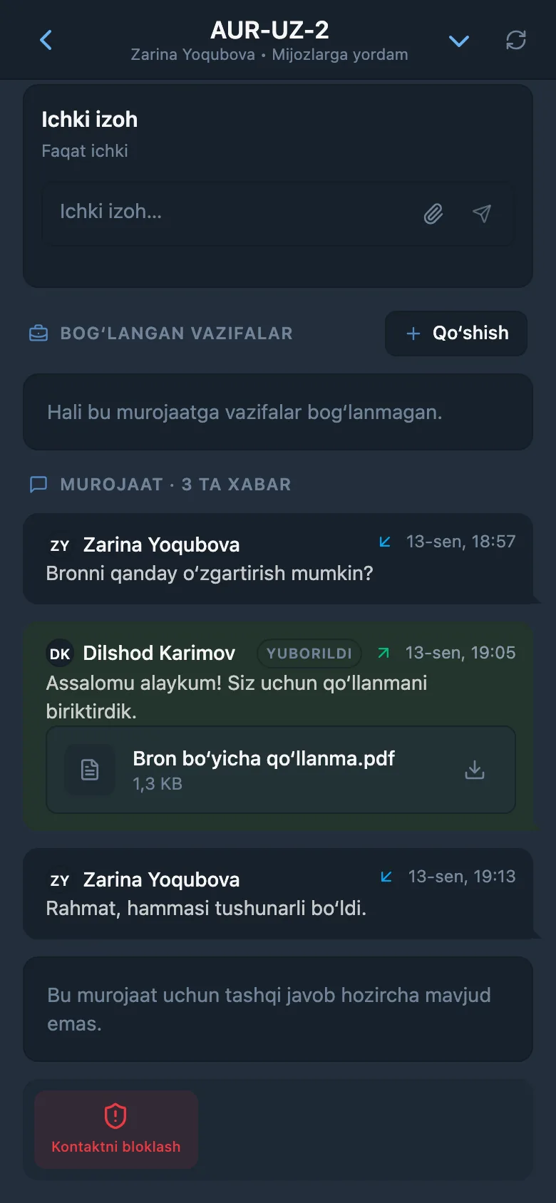 HelpDesk orqali mijozga biriktirilgan faylli tashqi javob