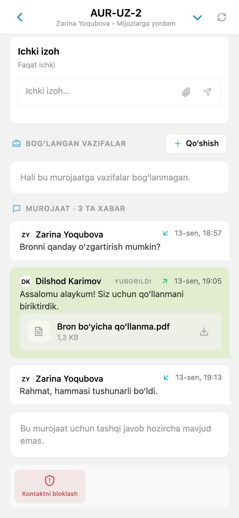 HelpDesk orqali mijozga biriktirilgan faylli tashqi javob