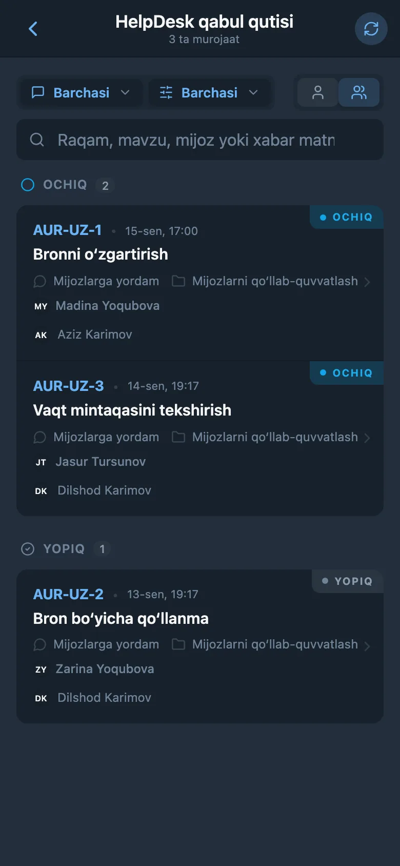 Turli holatlardagi kiruvchi mijoz murojaatlari