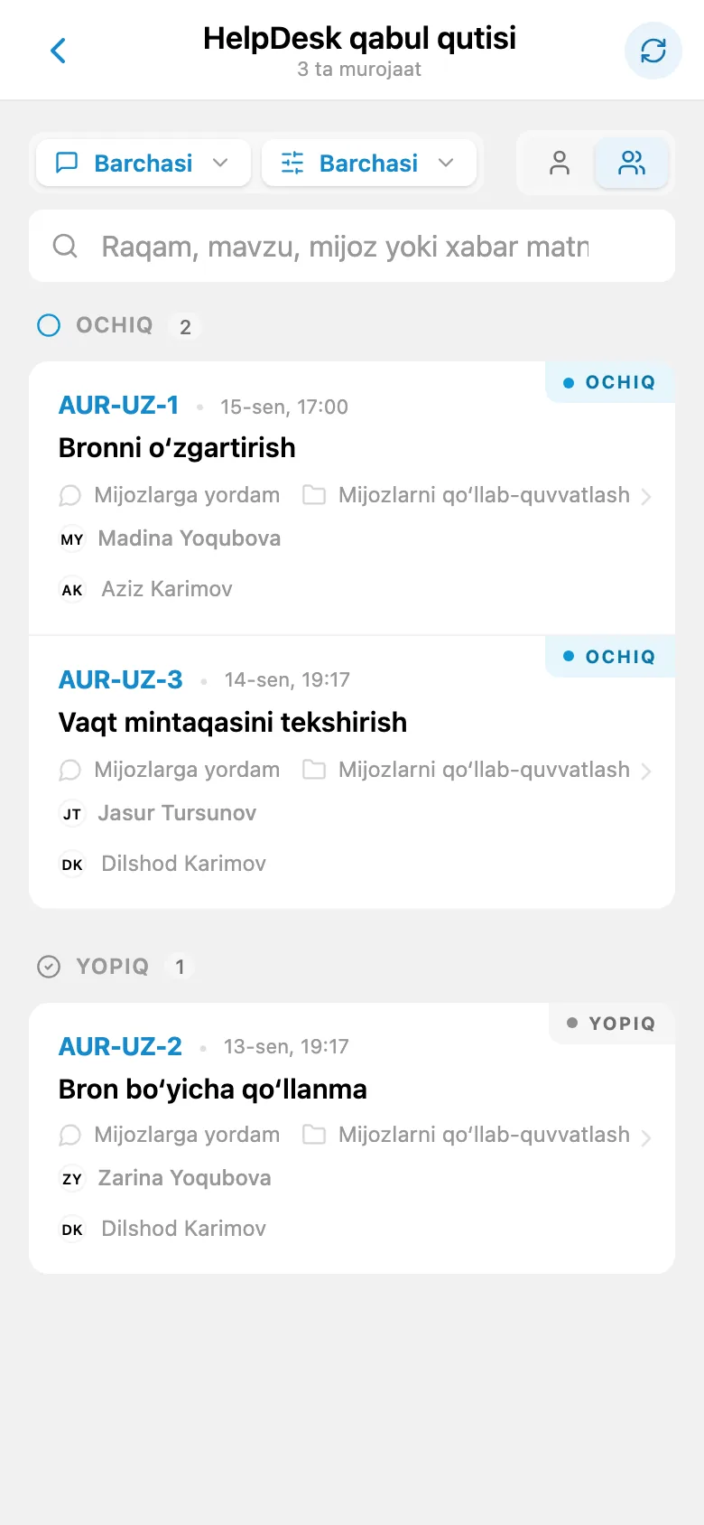 Turli holatlardagi kiruvchi mijoz murojaatlari