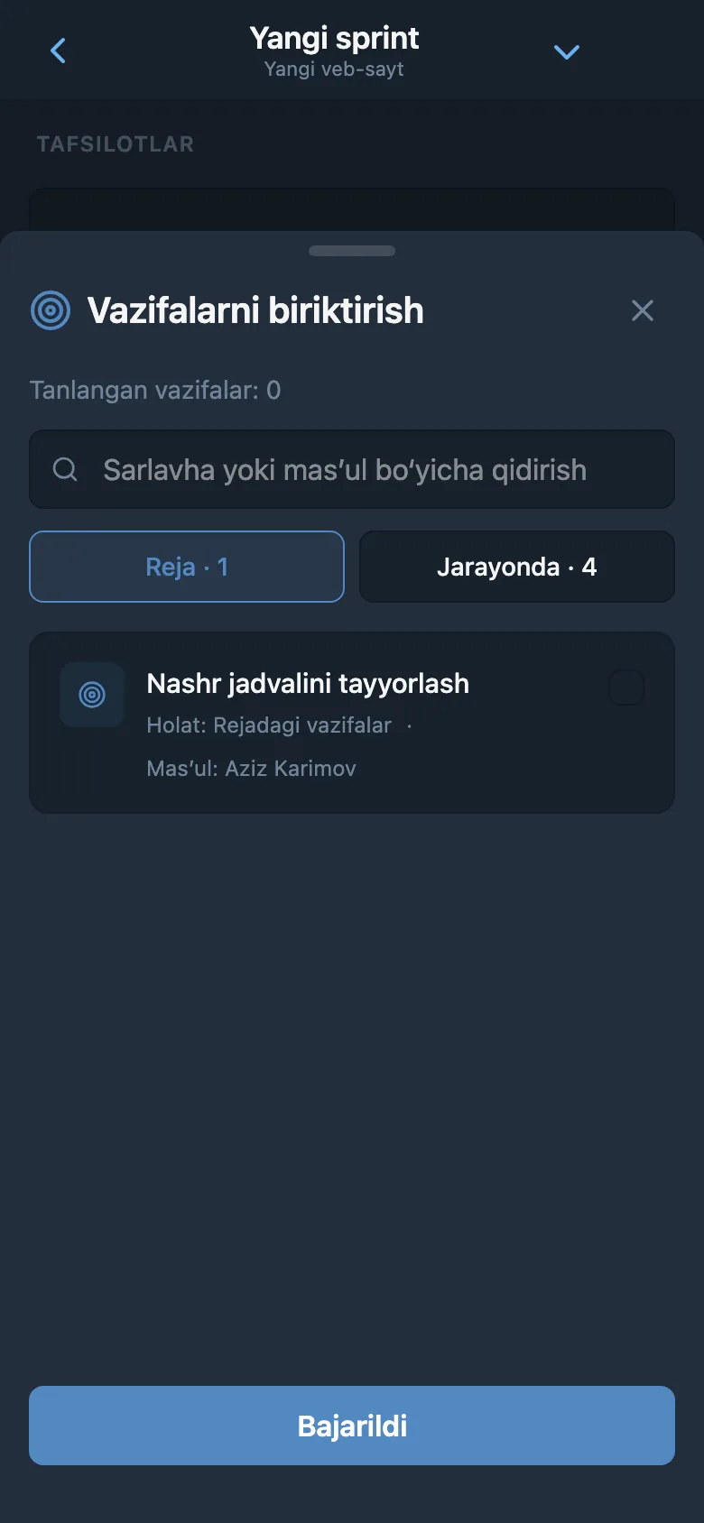 Sprintga qo‘shish uchun loyiha backlogidan vazifalarni tanlash