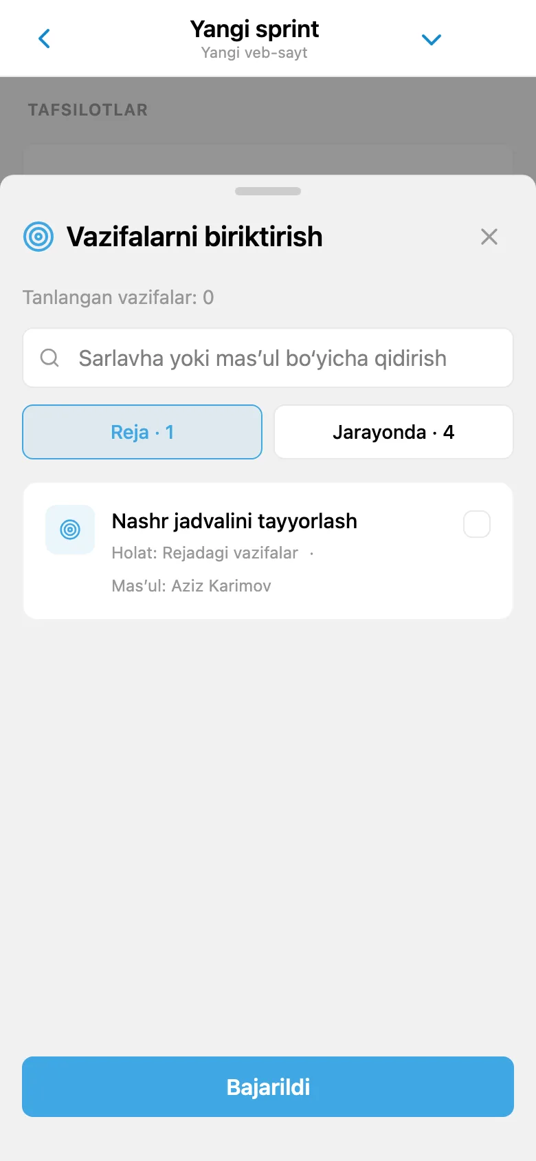 Sprintga qo‘shish uchun loyiha backlogidan vazifalarni tanlash