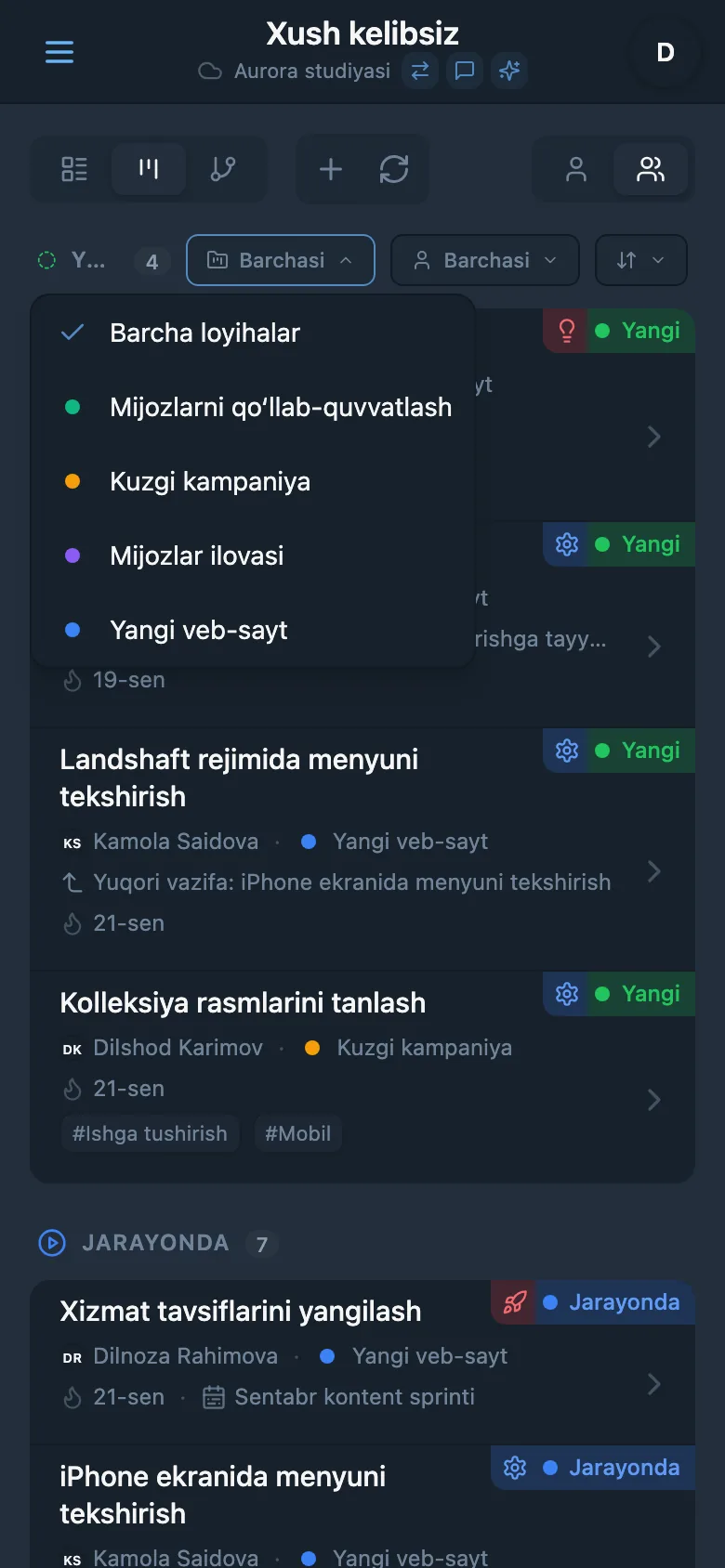 Vazifalarni loyiha bo‘yicha filtrlash paneli