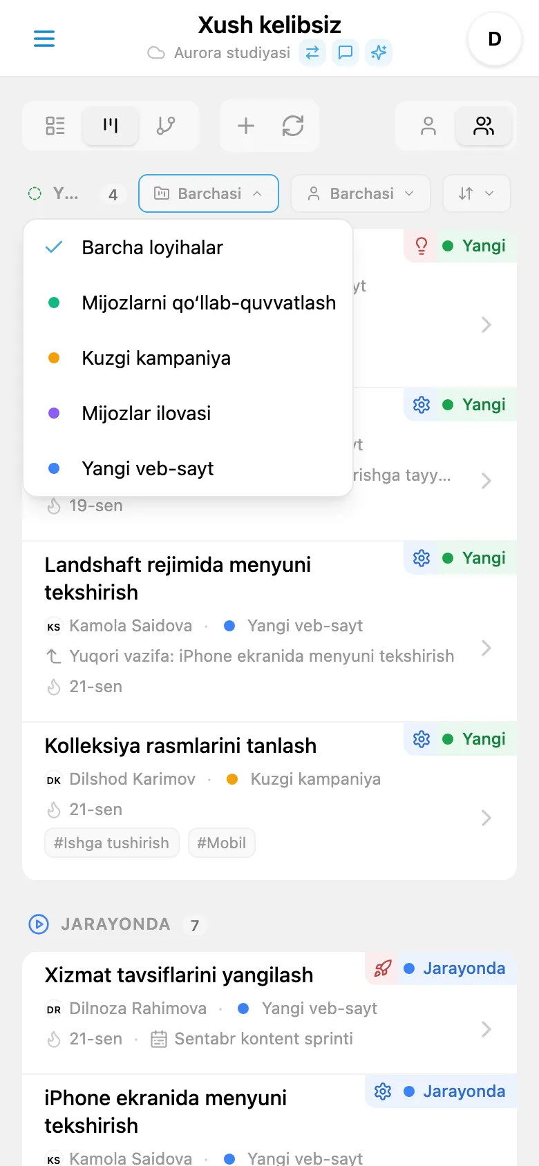Vazifalarni loyiha bo‘yicha filtrlash paneli
