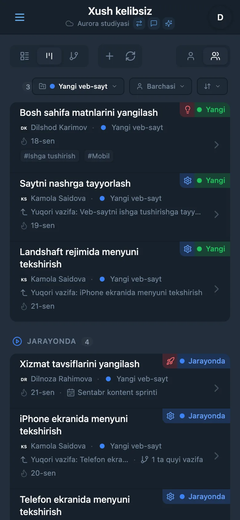 Sahifa uchun tanlangan mavzudagi vazifalar ro‘yxati