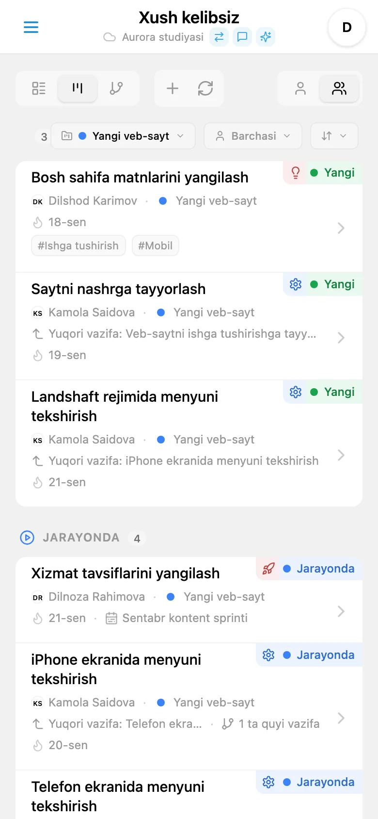 Sahifa uchun tanlangan mavzudagi vazifalar ro‘yxati