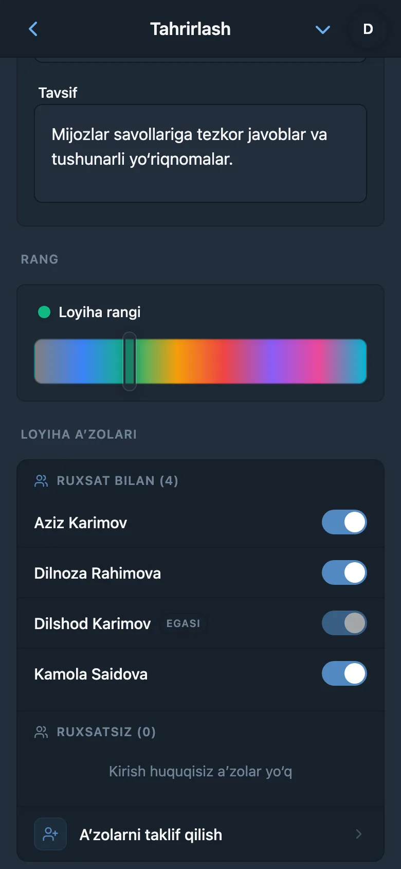 Loyihaga kirish sozlamalari