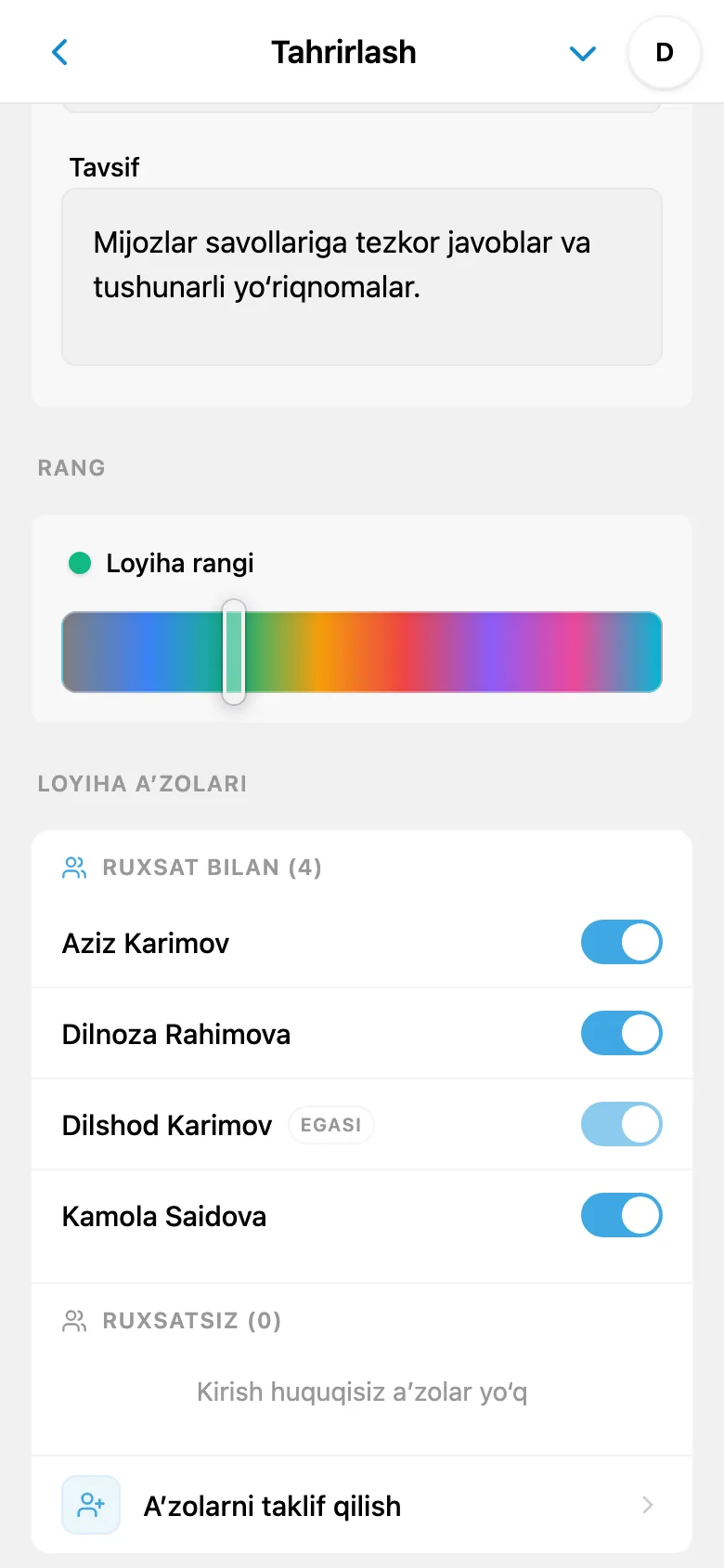 Loyihaga kirish sozlamalari