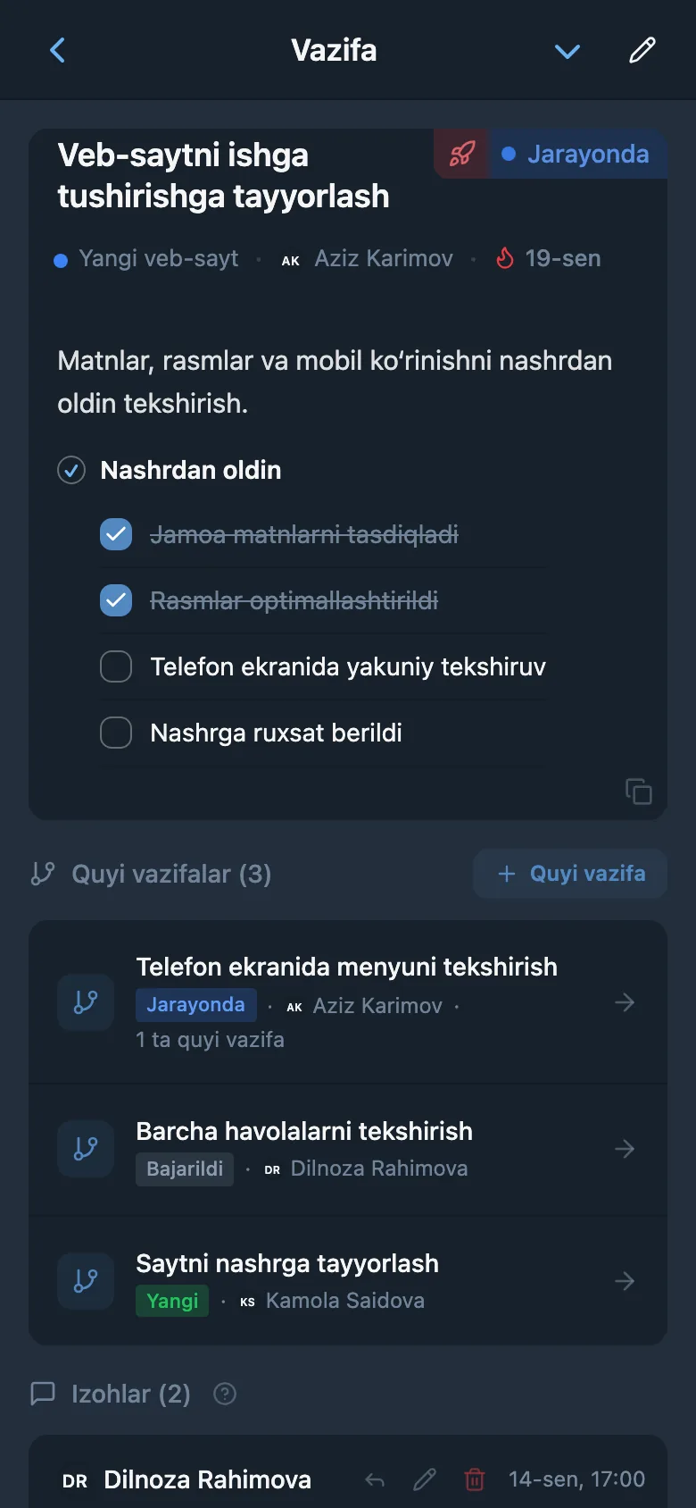 Tavsif va quyi vazifalari ko‘rsatilgan mobil vazifa kartasi