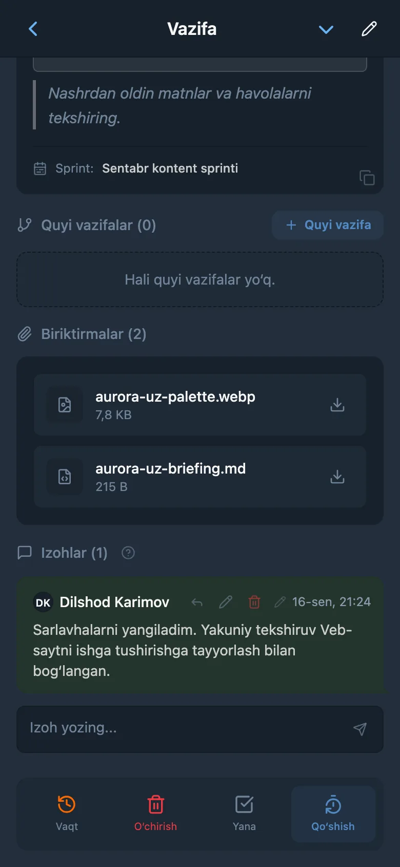 Vazifa izohlaridagi jamoa yozishmasi