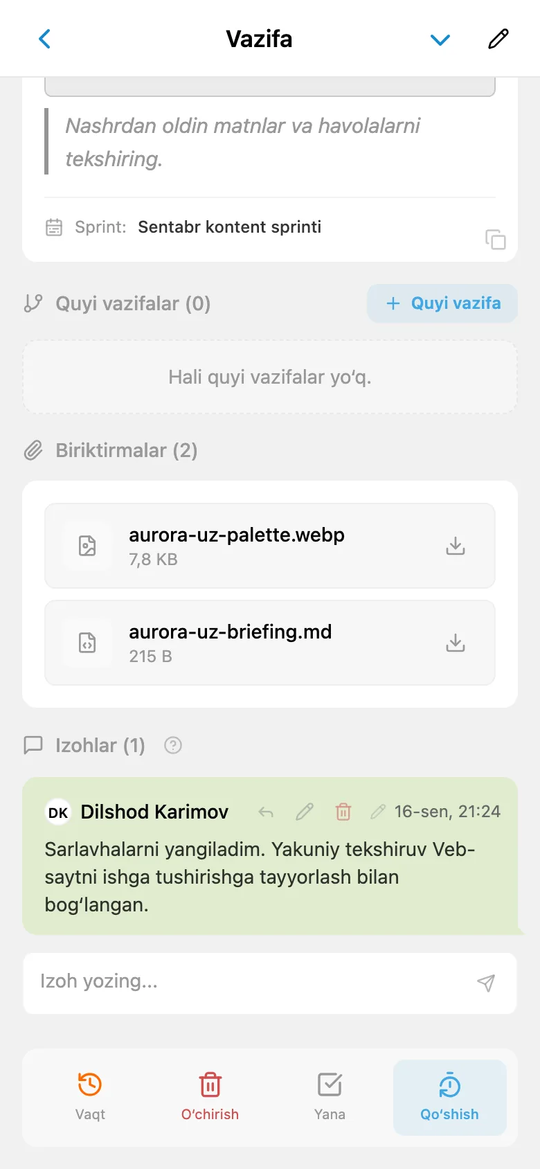 Vazifa izohlaridagi jamoa yozishmasi