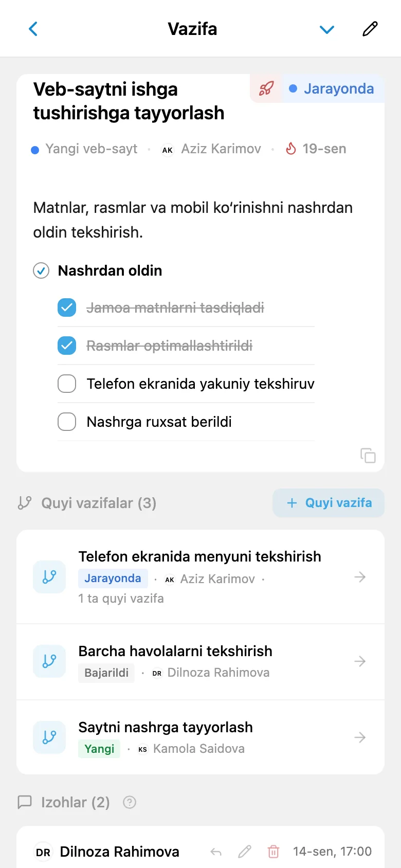 Tavsif va quyi vazifalari ko‘rsatilgan mobil vazifa kartasi