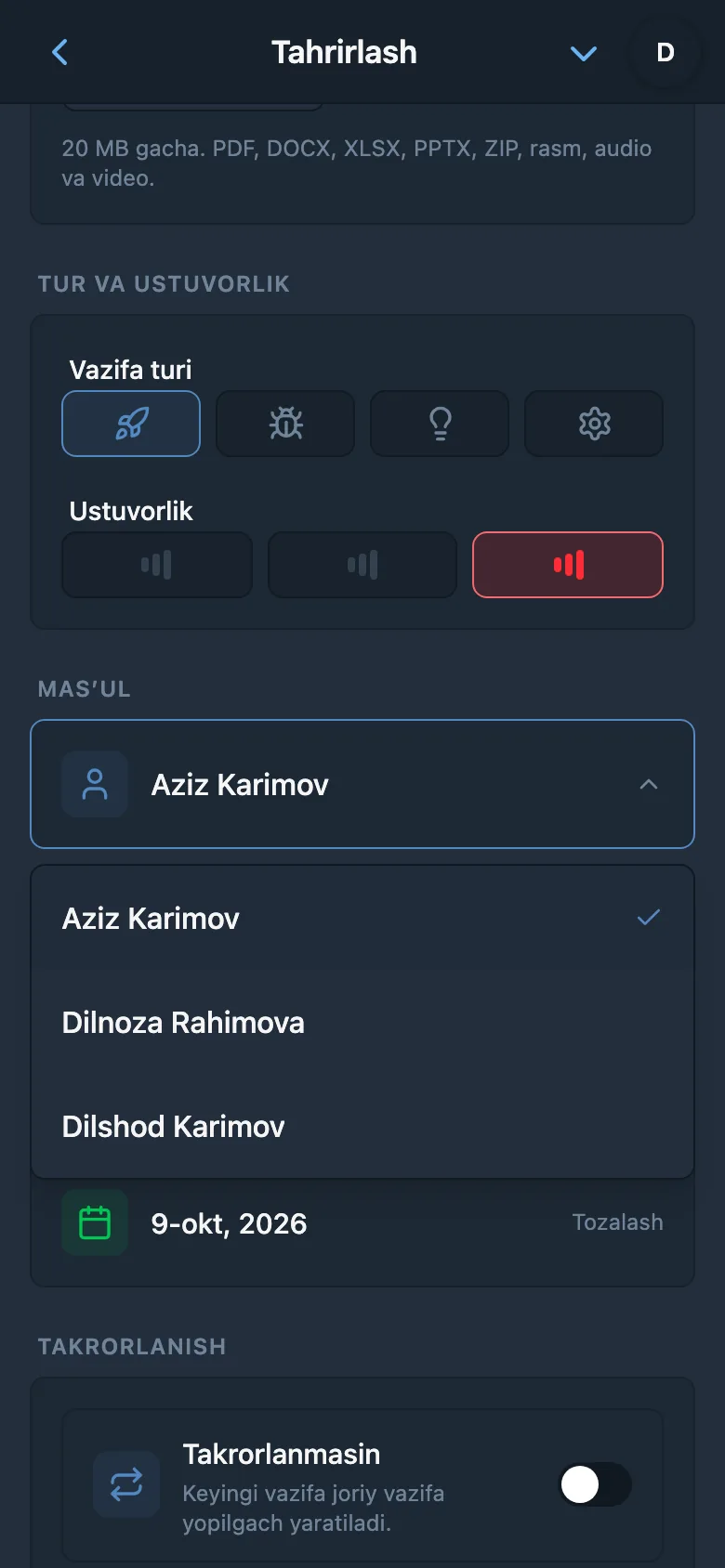 Ish maydoni a’zolari orasidan mas’ulni tanlash